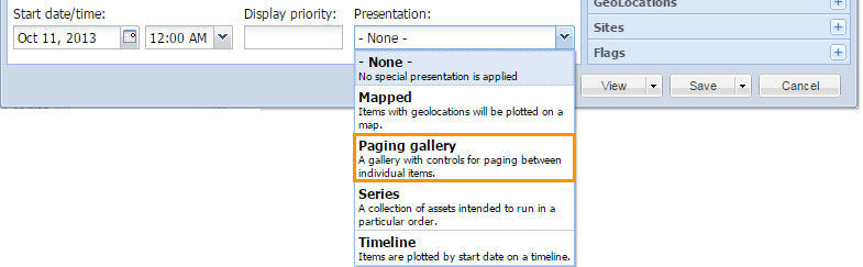 Paging gallery presentation mode